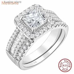 Cluster Rings Newshe 925 Sterling Silver Wedding Jewellery Bridal Ring Sets for Women 3.5 CT Imitation Diamond Princess Cut AAAAA Cubic Zircon L240402