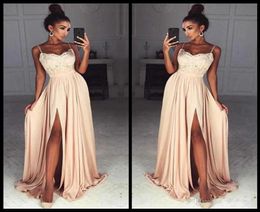 Elegant Chiffon Prom Dresses Long Spaghetti Straps Lace Top Side Split Sexy Evening Party Dress Custom Made Cheap Bridesmaid Dress9407448