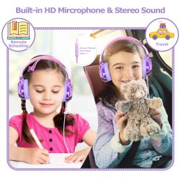 New Girls Wired Headphones with Mic Over-Ear Headphones for School Wired Headset Earphones for PC Phone Kids Gifts Purple Pink