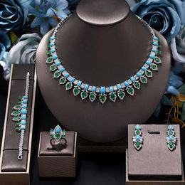 Necklace Earrings Set Luxury Dubai Bridal Jewellery Turquoise CZ Zircon 4PCS Wedding UAE Brides Party Gift