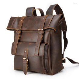 Backpack Crazy Horse Genuine Leather For Men 17" Laptop Daypack Large Capacity Male Travel Tote Bag Vintage School Shoulder