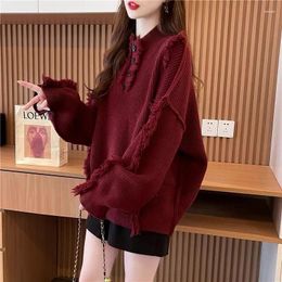 Women's Jackets 2024 Spring Festival Lazy Korean Version Wine Red Fringe Half High Loose Large Size Pullover Sweater Jacket Women Clothing