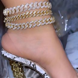 Flatfoosie Hip Hop Iced Out Chunky Cuban Chain Anklets For Women Luxury Rhinestone Link Ankle Bracelet Beach Barefoot Jewellery 240321