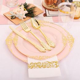 Disposable Dinnerware 5pc Plate Birthday Party Gold Lace Plates Embossed Gilded Art Pattern Plastic Dinner Disc With Rim