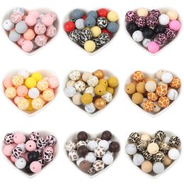 15mm 30Pcs Silicone Beads Round Print Food Grade Teething Beads for DIY Pen Baby Teething Pacifier Clips Necklace