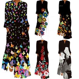 2024 Designer Dresses Women Spring/summer New Women's V-neck Long Sleeve Pocket Printed Loose Dress large size s-5xl