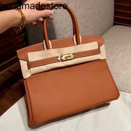 Genuine Leather Bk Designer Handbag All Sewn Bag Togo Leather Bag Gold Brown Gold Button Lychee Pattern Womens Handbag 30cm