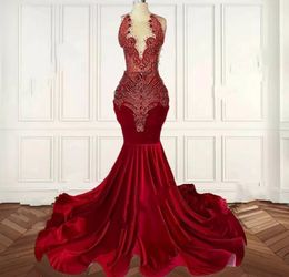 Hot Fashion Dark Red Long Prom Dress For Black Girls 2024 Beaded Crystal Rhinestone Mermaid Birthday Evening Formal Gowns Robe De Soiree