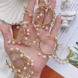 Earrings 5Pairs,Classical Korea new style brass gold plated big hoop earrings with pearls beads trendy for women gift