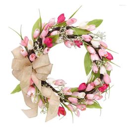 Decorative Flowers Tulip Door Wreath 16 Inch Mother's Day Flower Wreaths For Front Pink Spring With Green Leaves And Bow