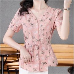 Womens Blouses Shirts Short Cotton Linen Embroidery Tops 2024 Summer Women Cute Girls Retro Vintage Lace Floral Print Peplum Pink Top Otzzh