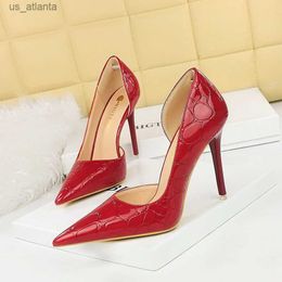 Dress Shoes BIGTREE Women Pumps 2023 Hollow Pointed Toe Patent Leather 10CM Thin high heels Fashion Party Prom black H2404030UBN