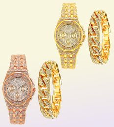Wristwatches Cool Iced Out Watch Bracelet For Men Women Couple Luxury Watches Gold Diamond With Cuban Chain Jewellery Drop7638594
