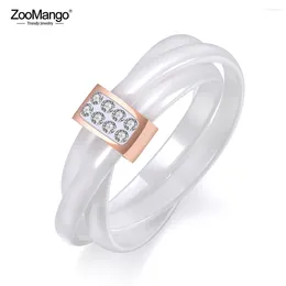 Wedding Rings ZooMango 3 Layers Black/White Ceramic Crystal Jewellery Rose Gold Colour Stainless Steel Rhinestone Ring ZR19066