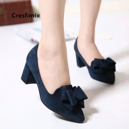 Pumps Cresfimix ladies cute sweet navy blue pointed toe bow tie high heel shoes women cool office high heel pumps party shoes a5750