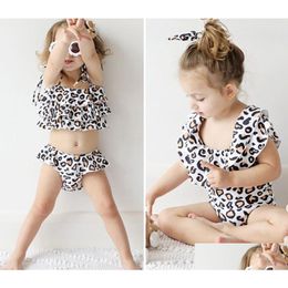 One-Pieces 2024 Children One Pieces Swimwear Summer Fashion Girls White Leopard Print Swimsuit Add Headscarf Two-Piece Childrens Wear Otj8G