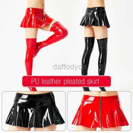 Urban Sexy Dresses Women Sexy Ultra Short Mini Pleated Skirt Wet Look PU Miniskirt Zipper Open Oil Shiny Club Skirt Nightwear Clubwear Lingeries 240403