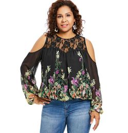 Wipalo Plus Size 5xl Xxxxl Xxxl Flower Print Lace Chiffon Blouse Women Sexy Sheer Mesh Boho Cold Shoulder Tops Big Size Y190701011230561