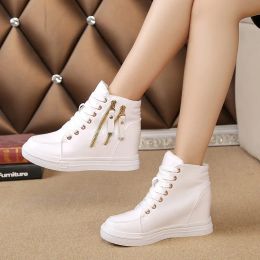 Shoes Women Wedge Platform Sneakers Rubber PU Leather High Heels Lace Up Shoes Height Increasing Creepers White Black Casual Shoes