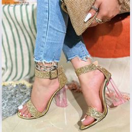 Dress Shoes Gold Silver Bling Ankle Buckle Strap Women Sandals Gladiator Cover Square High Heels Open Toe Summer Party Pumps H240403TH56