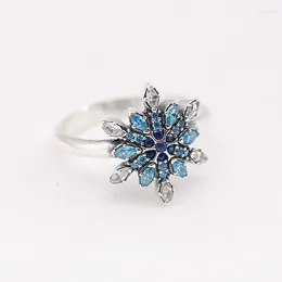 Cluster Rings 925 Sterling Silver Blue Crystalized Snowflake Crystals CZ Ring Compatible For Women Engagement Wedding Gift Europe Jewelry