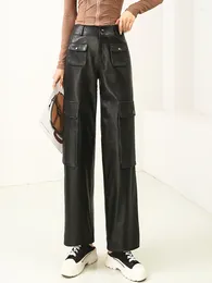 Women's Pants 2024 Spring Autumn Korean Style Chic High Quality Pockets Genuine Leather C606