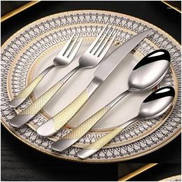 Dinnerware Sets Spoon Flatware Steak Set Cutlery Gold Fork Stainless Knife Western Luxury 30Pcs Tableware Steel Drop Delivery Home G Dhkds