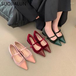Casual Shoes SUOJIALUN 2024 Srping Btand Women Flat Fashion Pointed Toe Sahllow Slip On Mary Jane Heel Dress Ballerinas