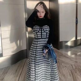 Work Dresses 2024 Autumn Winter Women's Fashion Dress Suits Female Slim Knit Sweater Tops Plaid Sling Ladies 2 Piece Sets R518