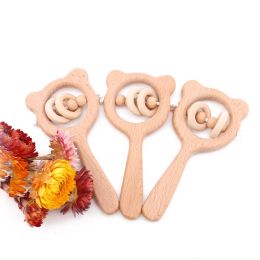 1pc Wooden Rattle Beech Bear Hand Teething Wooden Ring Baby Rattles Play Gym Montessori Stroller Toy Educational Toys