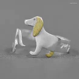 Cluster Rings 925 Sterling Silver Gold Colour Long Ears Puppy Sausage Dog Model Ring For Women Men Adjustable Handmade Fine Jewellery