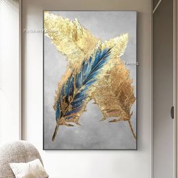 Golden Feather Abstract Modern Oil Painting 100% Hand Painted Blue Gold Canvas Painting Modern Wall Art For Living Room Contemporary Oversized Home Decor