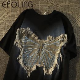 American Retro High Street Patchwork Butterfly Short Sleeve Female 100 No Pilling Tshirt Loose European And Tops 240327