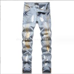 Men's Jeans New Ripped Paint Inkjet Blue Jeans Straight Stretch Mid-Rise Men's Denim purple brand jeans men's jeans designer jeans