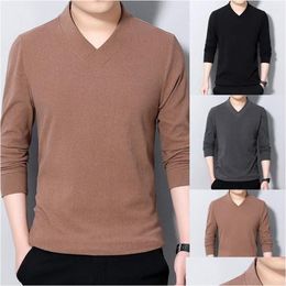 Mens Sweaters Fashion V-Neck Solid Color Loose Business T-Shirt Clothing 2023 Autumn Oversized Casual Plovers All-Match Tee Shirt Drop Dhb9E