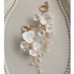 Earrings Porcelain Flower Bridal Earrings Pearls Wedding Drop Earring For Brides Accessories Women Birthday Party Evening Dress Jewelry