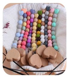 10 Colours New Love Heart Wood Pacifier Clip Baby DIY Creative Pacifier Chain Cartoon Silicone Beads Wood Pacifier Holders Z22369346630