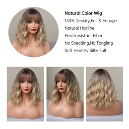Short Wavy Bob Synthetic Wigs with Bangs Brown Blonde Ombre Hair Wigs for Women Cosplay Lolita Natural Wig Heat Resistant