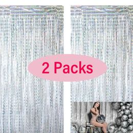 Party Decoration 2Pack Foil Curtain Backdrop Silver Metallic Tinsel Fringe Curtains For Birthday Wedding Baby Shower Disco Decorations