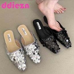 Slippers 2024 Shiny womens shoes low boots mules outer sliders light spring and autumn sliders casual and comfortable design sliders J240402