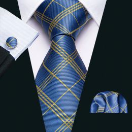 Barry.Wang Men Necktie Luxury Brand Novelty Blue Silk Plaid Handkerchief Cufflinks Suit Ties Set Wedding Party Designer Business