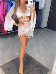 Women's Swimwear 2023 4 Pieces Bikini Set With Skirt Solid String Thong Bathing Suit Women Cover Up Swimsuit Lady Swimwear Summer Beach Wear Swim Y240402