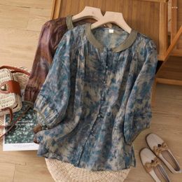 Women's Blouses Chinese Style Shirt Summer Cotton Linen Vintage Prints Clothing Loose Short Sleeve Women Tops YCMYUNYAN