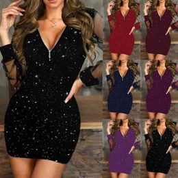 Casual Dresses Sexy Zipper V Neck Sequins Mesh Dress Spring Autumn Long Sleeve Ladies Solid Colour Evening Party For Women Elegant