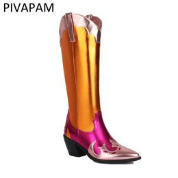 Boots Women's Cowgirl Boots Metallic Cowboy Boots Chunky Block Heel Western Boots Ladies Vintage Widecalf Knee High Boots