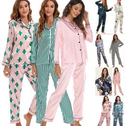 Home Clothing Spring Summer Female 2PCS Pyjamas Set Sleepwear Print Long Sleeve Pijamas Suit Lounge Wear Loose Satin Clothes Nightwear