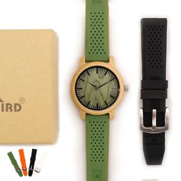 BOBO BIRD Bamboo Wooden Watch Men Quartz with Green Silicone Strap Band Mens Gift Box relogio masculino WB06 240320