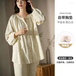 Home Clothing Women Pyjamas Set With Chest Pads Spring And Fall Chinese Style Cardigan Long-sleeved Cotton Elegant Wear Sleepwear