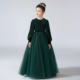 Dideyttawl Flower Girls Dress For Party Long Sleeves Formal Pageant Gown Vintage Velvet Sleeve ONeck Junior Bridesmaid 240403