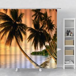 Shower Curtains Ocean Coconut Tree Landscape Bathroom Curtain Sunset Natural Scenery Home Decor Polyester Fabric Hook